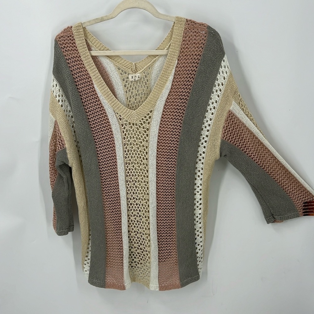 Pol v-neck open knit color block striped drop shoulder sweater S